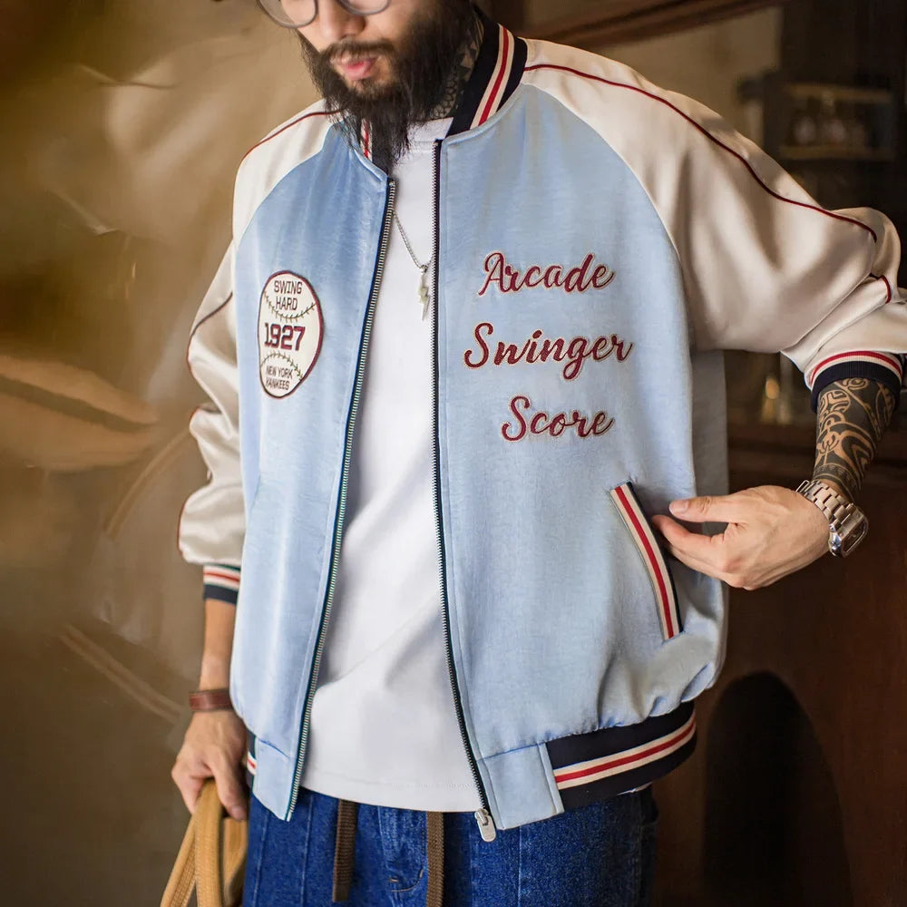 Vintage Embroidered Satin Baseball Bomber Jacket Men