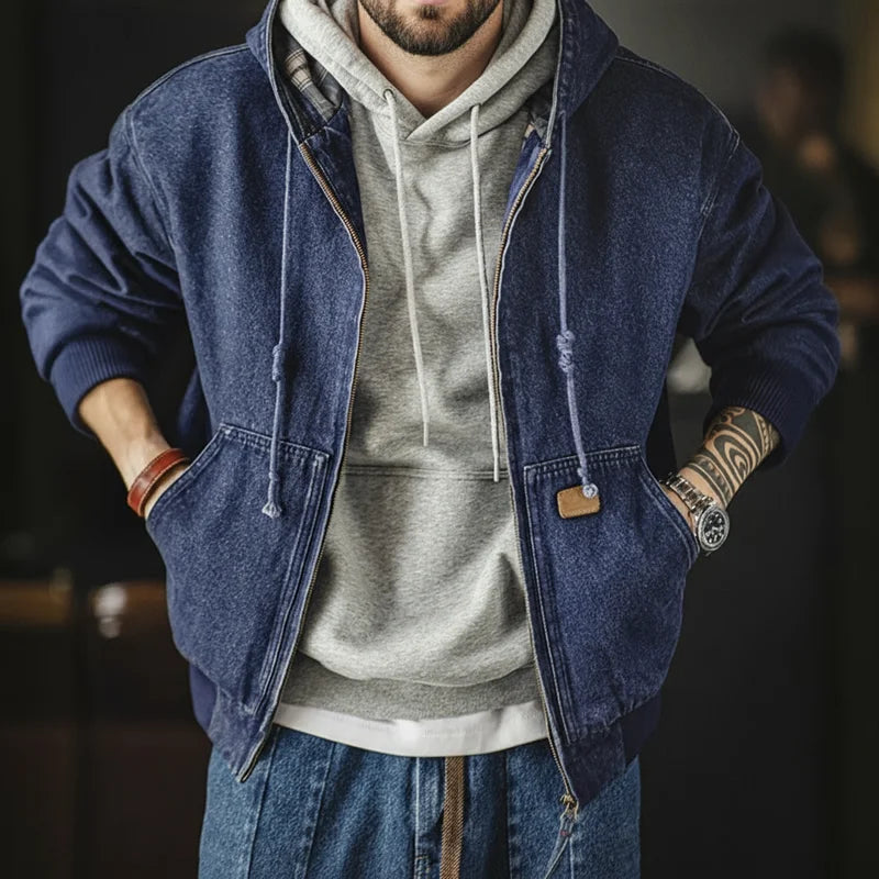 Vintage J130 10.5oz Washed Aged Hooded Denim Jacket Men