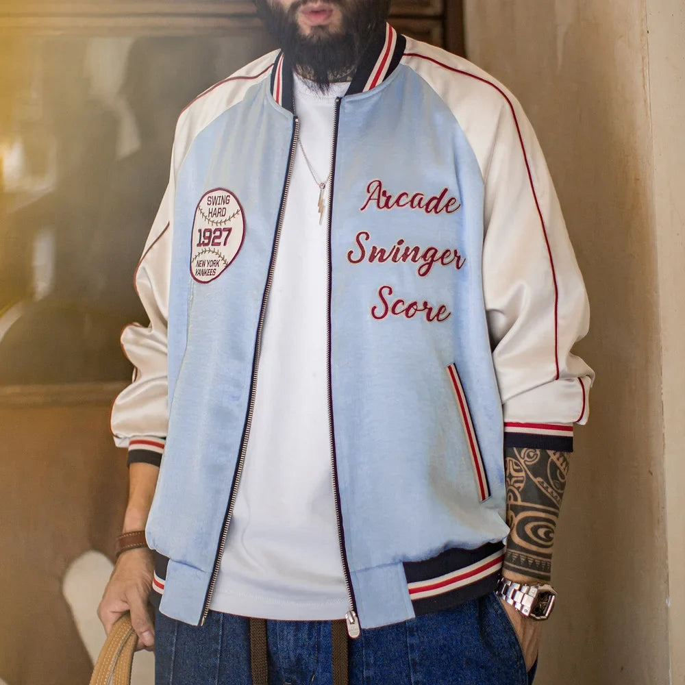 Vintage Embroidered Satin Baseball Bomber Jacket Men