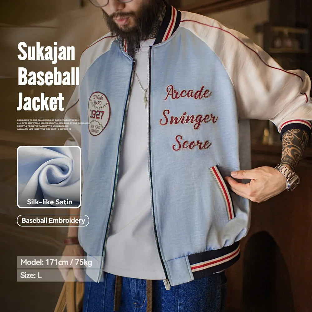 Vintage Embroidered Satin Baseball Bomber Jacket Men