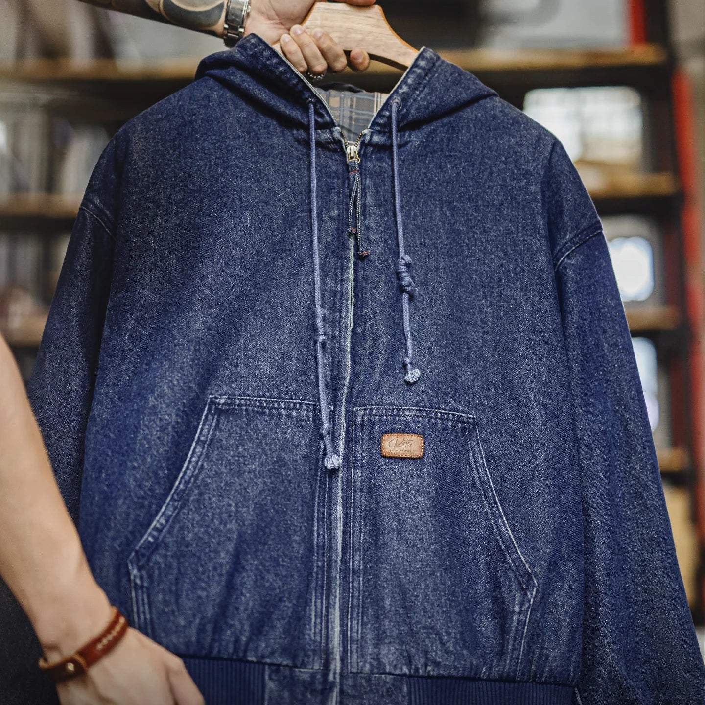 Vintage J130 10.5oz Washed Aged Hooded Denim Jacket Men