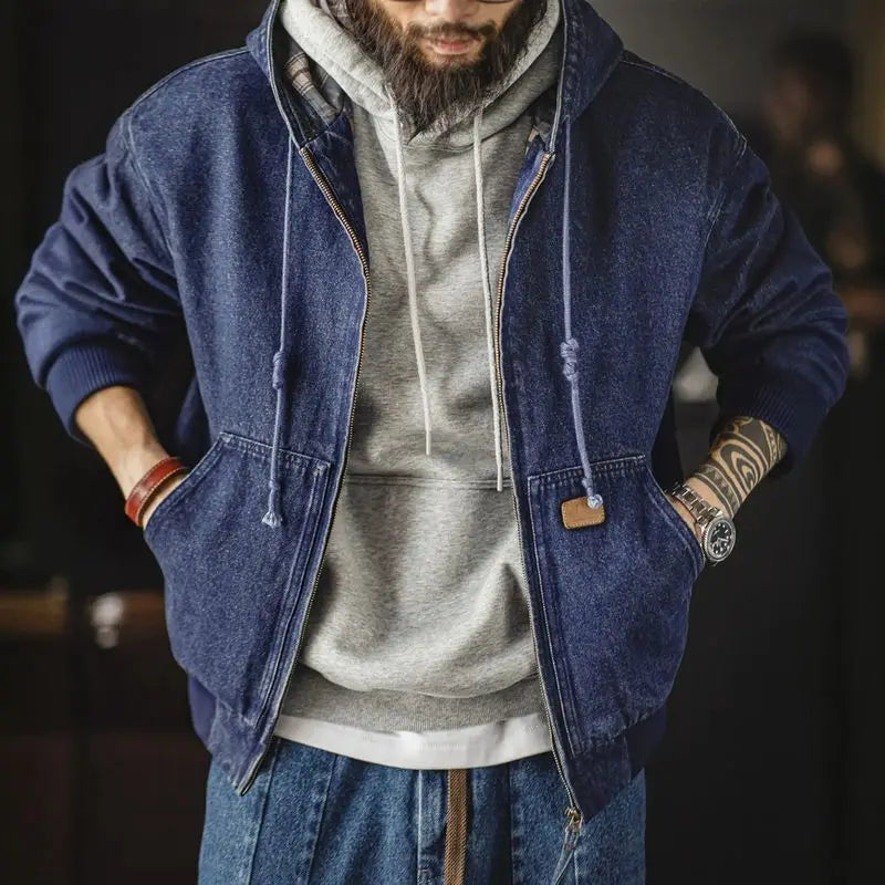 Vintage J130 10.5oz Washed Aged Hooded Denim Jacket Men