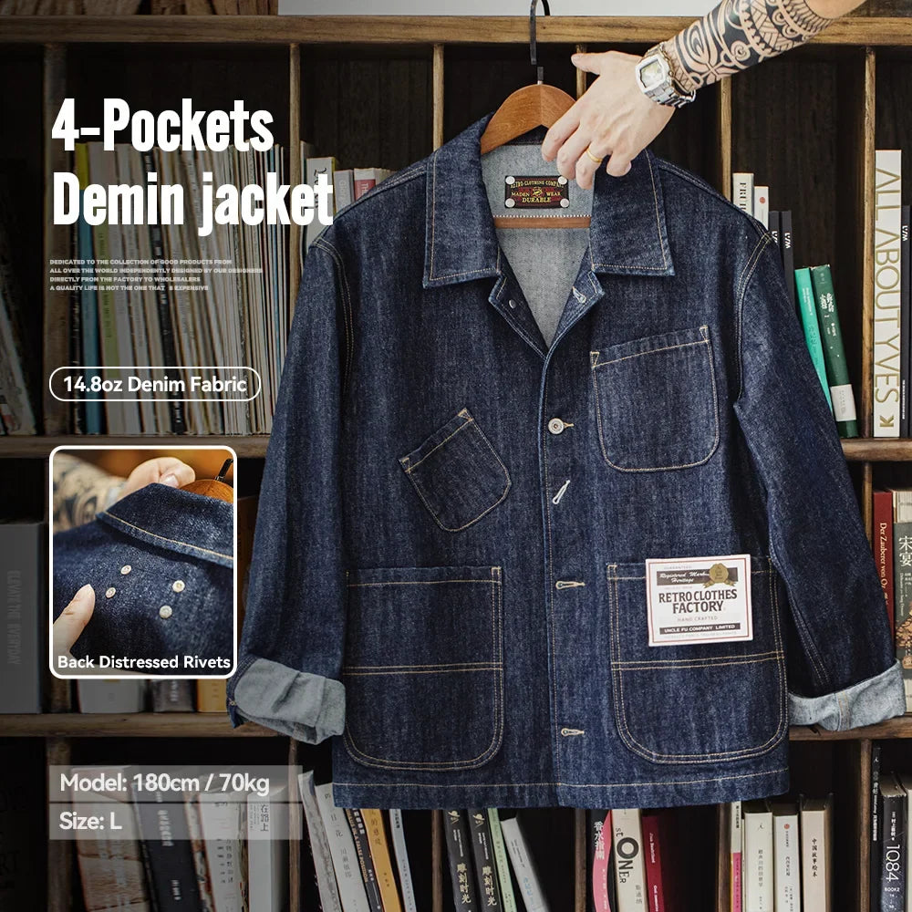 Vintage Asymmetrical 14oz Denim Work Jacket Men