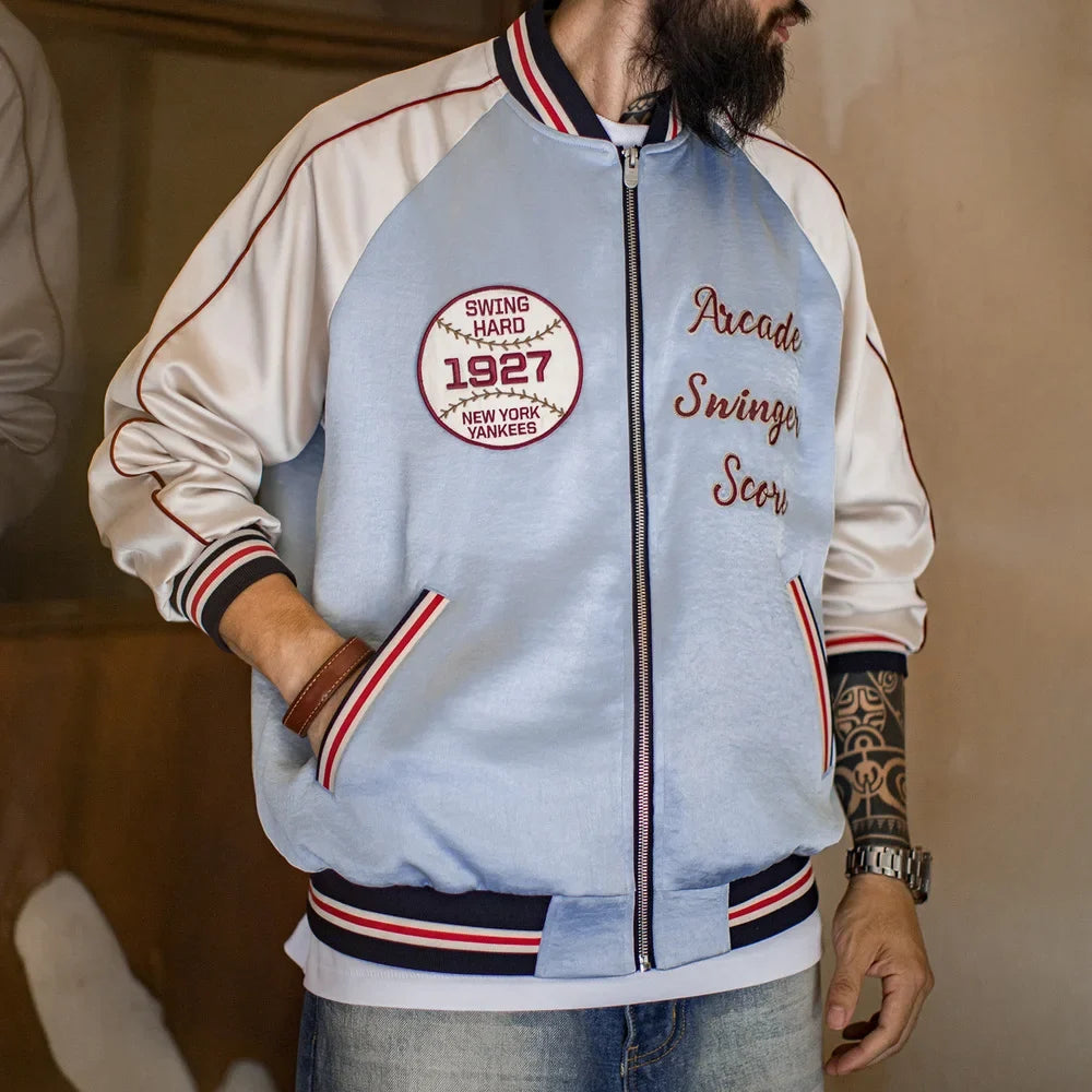Vintage Embroidered Satin Baseball Bomber Jacket Men