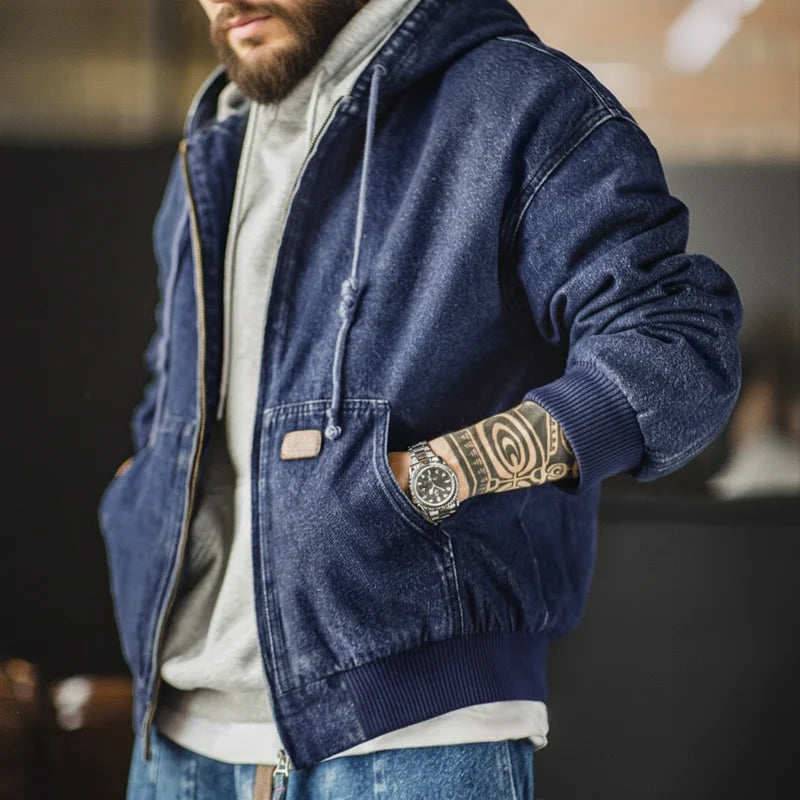 Vintage J130 10.5oz Washed Aged Hooded Denim Jacket Men